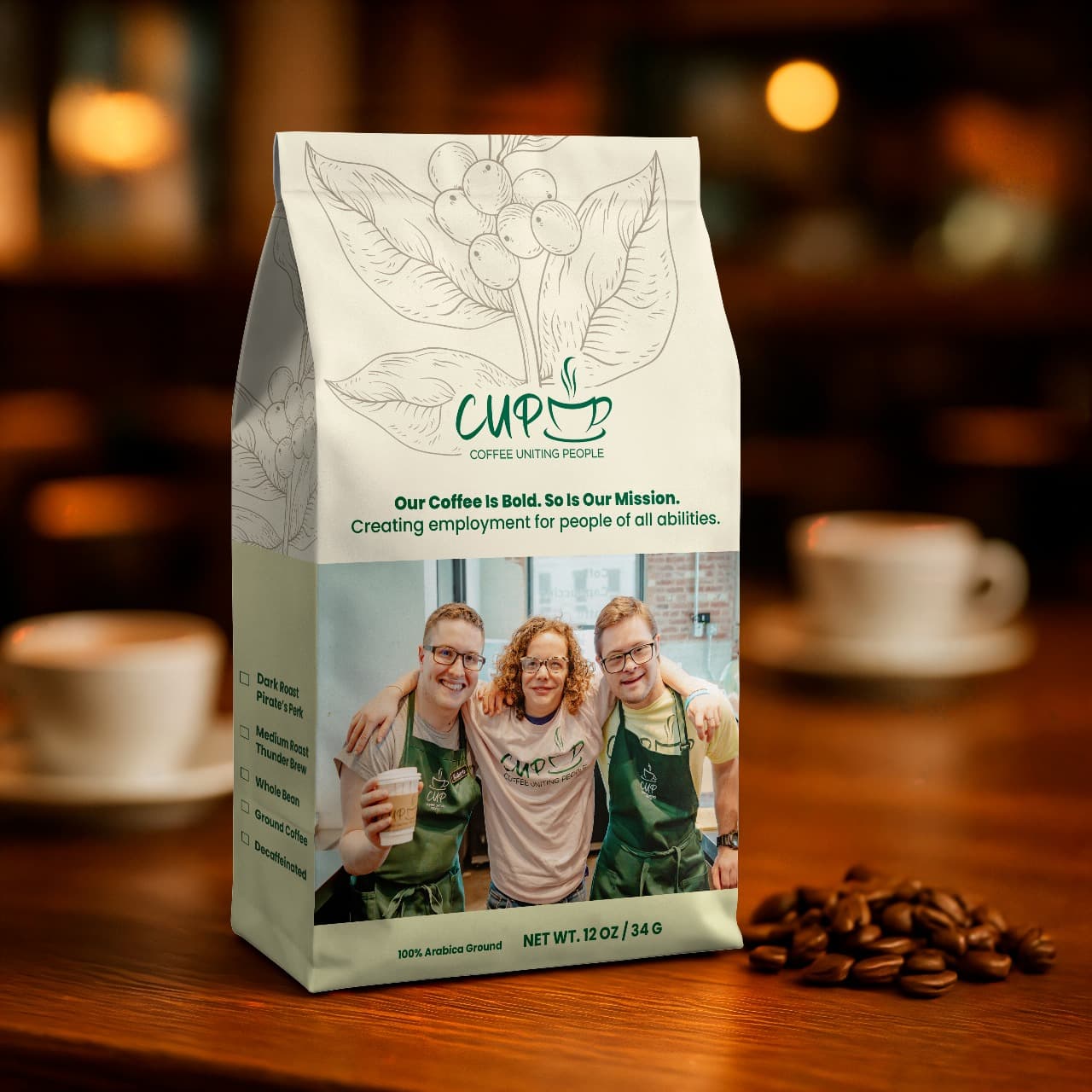 Three CUP coffee bags arranged front-facing